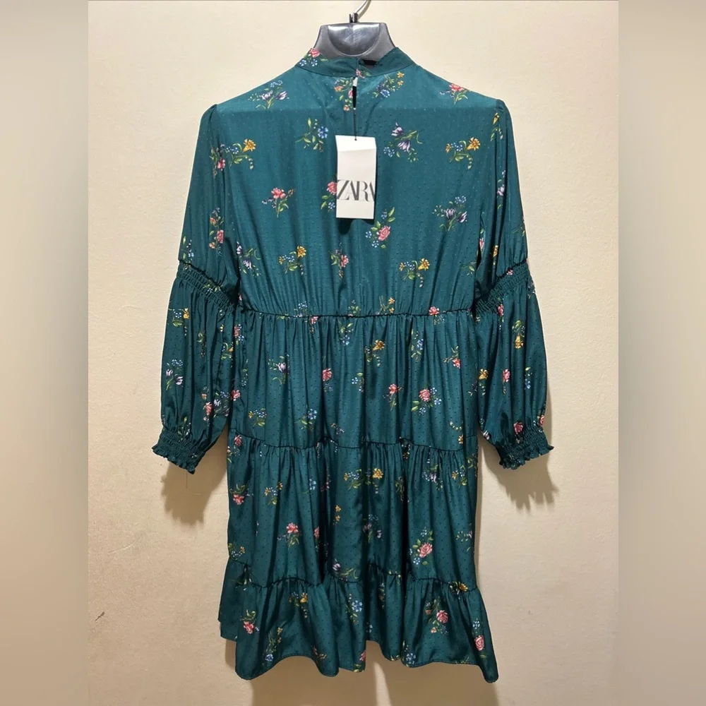ZARA GreenPrint Mini Floral Dress Size S High Neck NWT. - Picture 6 of 10